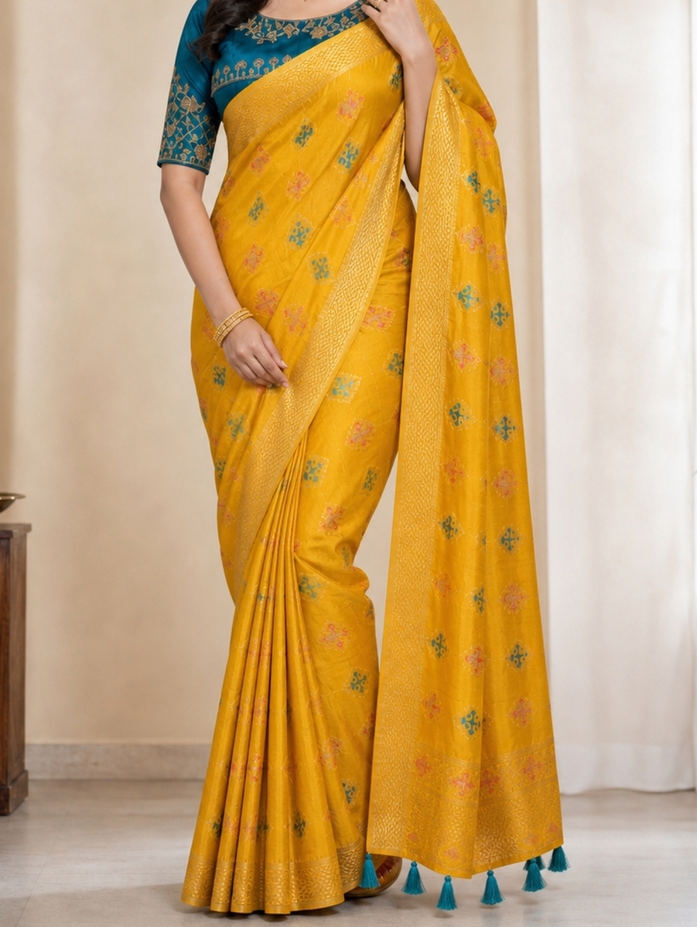 Mustard Yellow Woven Saree with Teal Accent